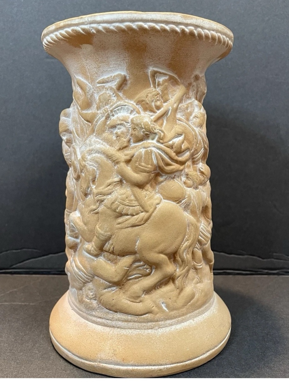 Italian Terracotta Vase Roman Gladiator  Relief Carving White Powder Patina